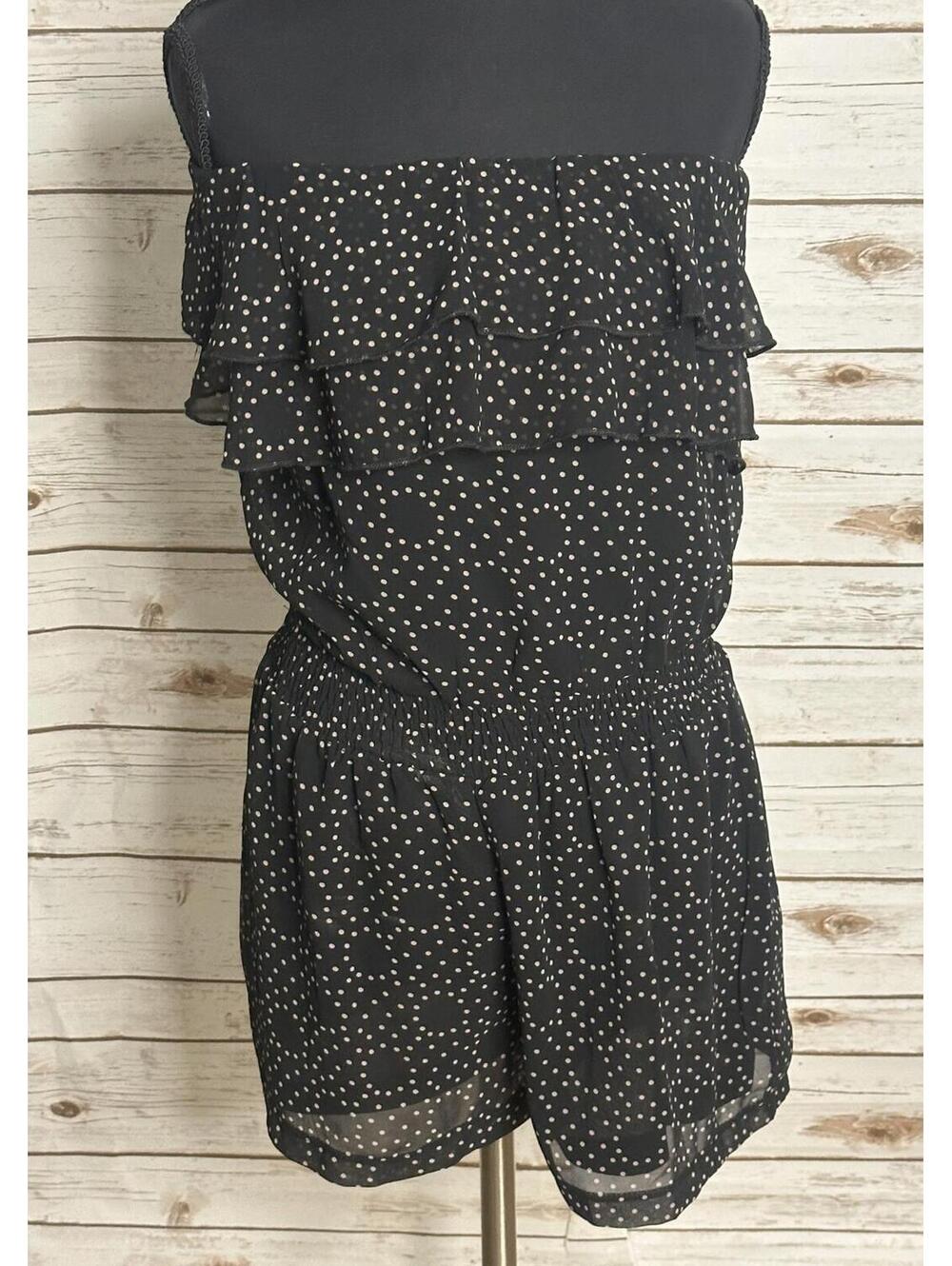 Black Ivory polka-dot strapless romper Medium layered ruffle chiffon coquette